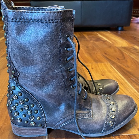 Gianni Bini Brown Lace Up Rhinestone Stud Boots - Picture 2 of 5